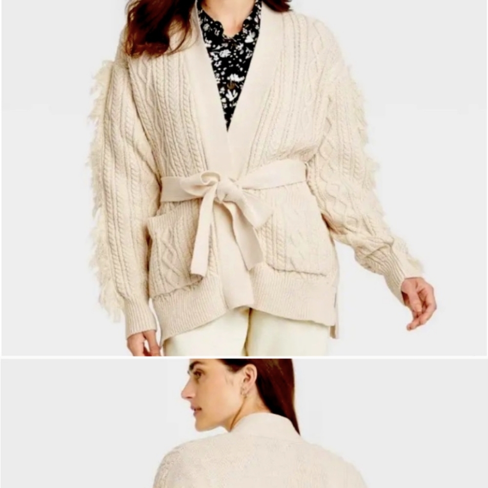 Fringe Cable Knit Tie Sweater Oatmeal Neutral Western Coastal Grandma M
